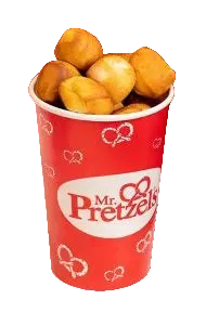 Red cup with pretzels and 'Mr. Pretzels' logo on a black background